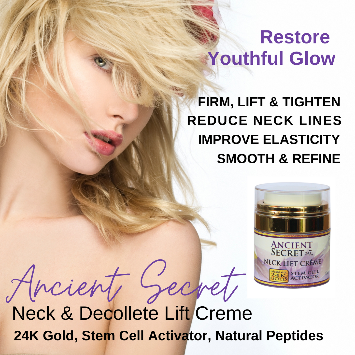 Ancient Secret 24/7 Organic Anti-Aging Neck Crème with Stem Cell Activator, 24 K Gold, Peptides.