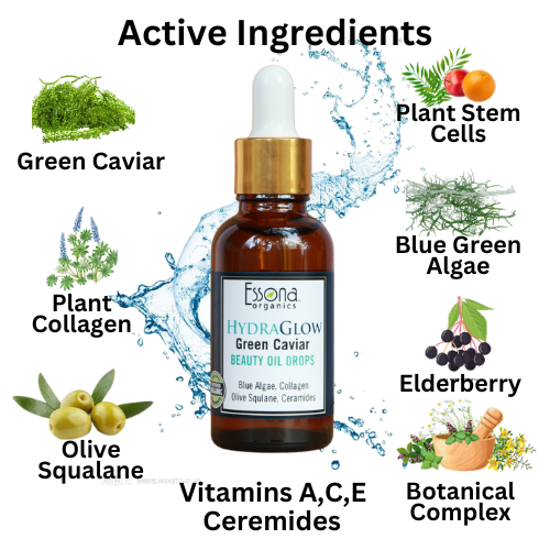 HydraGlow Green Caviar Collagen Oil Drops with Hyaluronic Acid, Blue Algae, Collagen, Elderberry, Green Caviar.
