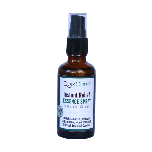 QuikCure Instant Relief Essence Spray with Colloidal Silver, Centella Asiatica, Calendula, Hyaluronic Acid, Herbal Botanical Complex.