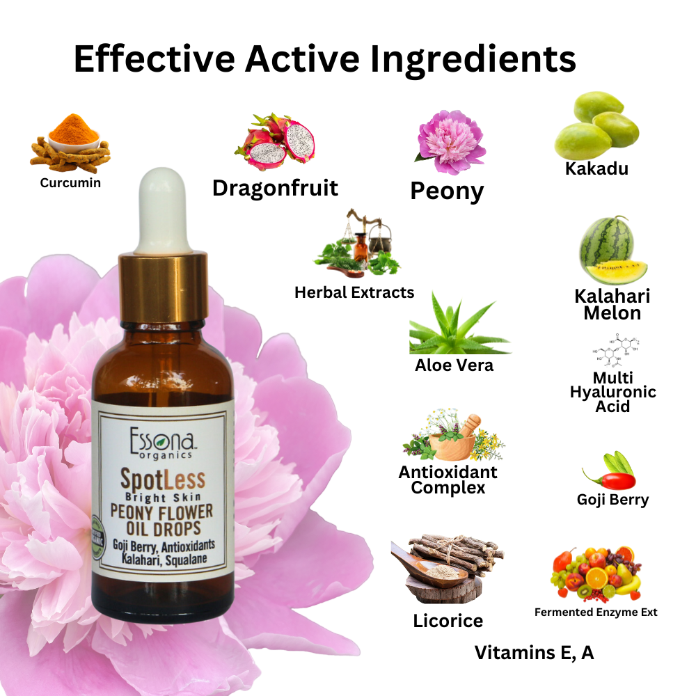 SpotLess Bright Skin Peony Flower Oil Drops with Kalahari Melon, Hyaluronic Acid, Squalane, Curcumin.