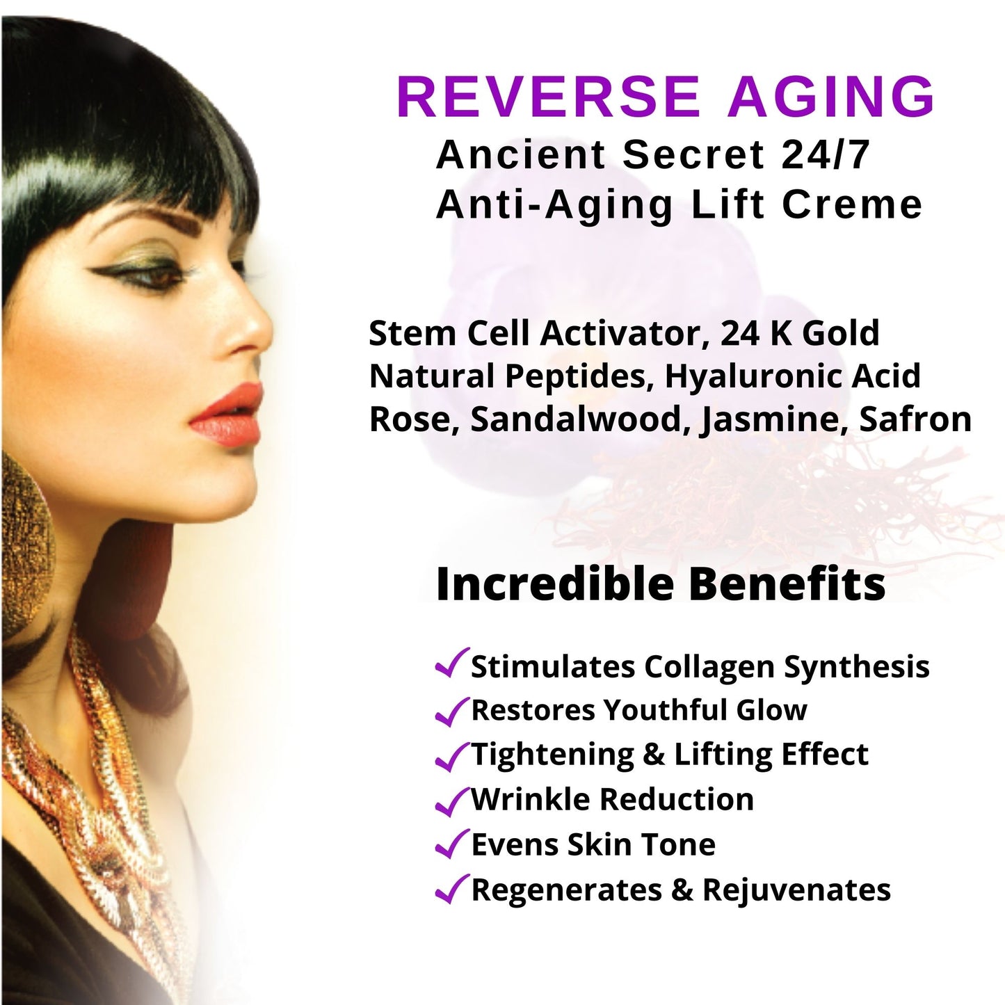 Ancient Secret 24/7 Anti-Aging Lift Crème with Stem Cell Activator, 24 K Gold, Peptides.