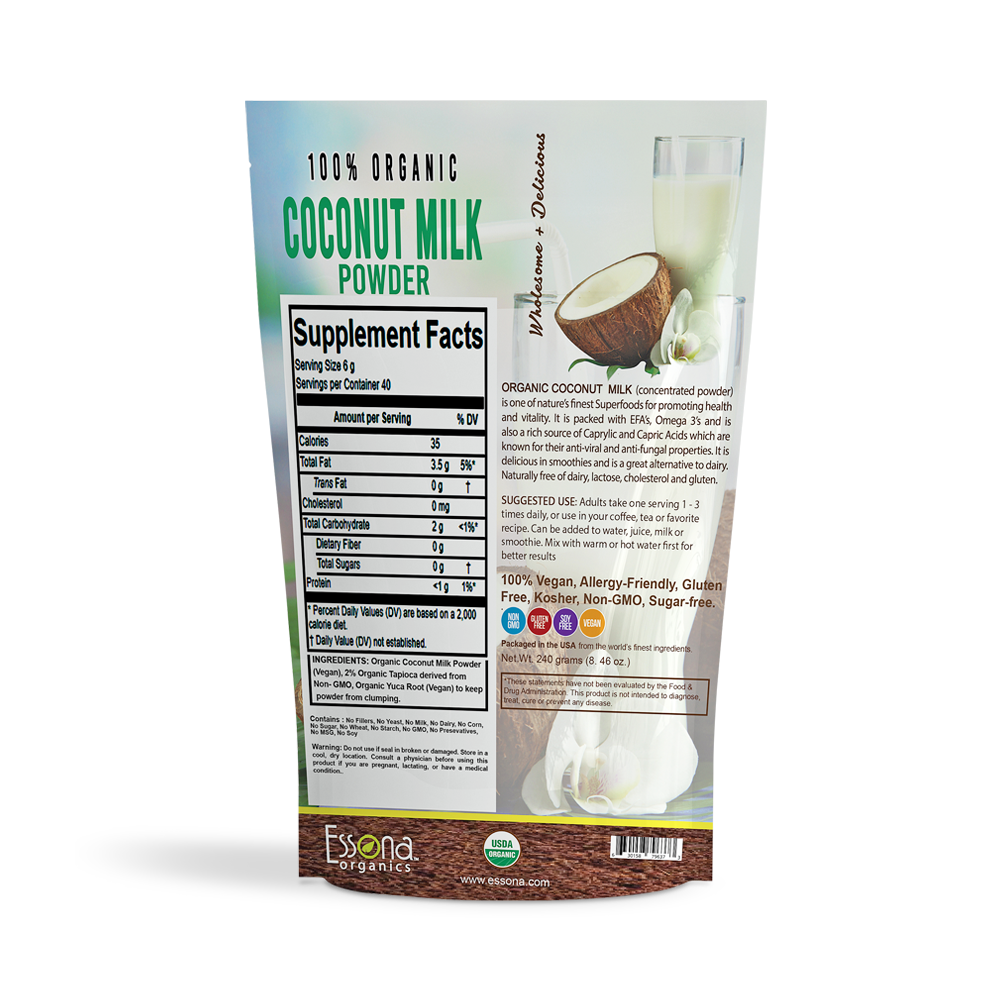 Organic Coconut Milk Powder - Pure, Raw, Vegan. Re-seal Pouch.