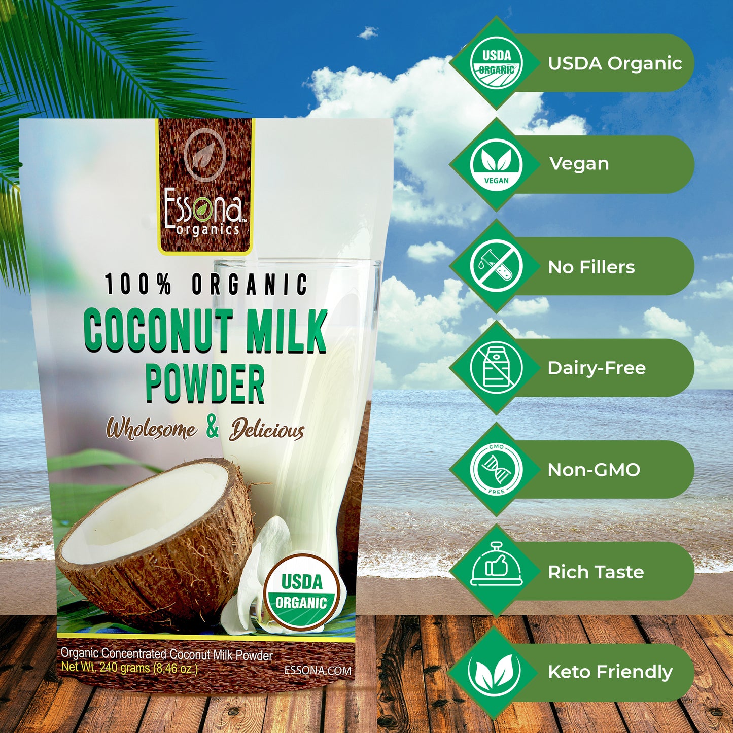 Organic Coconut Milk Powder - Pure, Raw, Vegan. Re-seal Pouch.