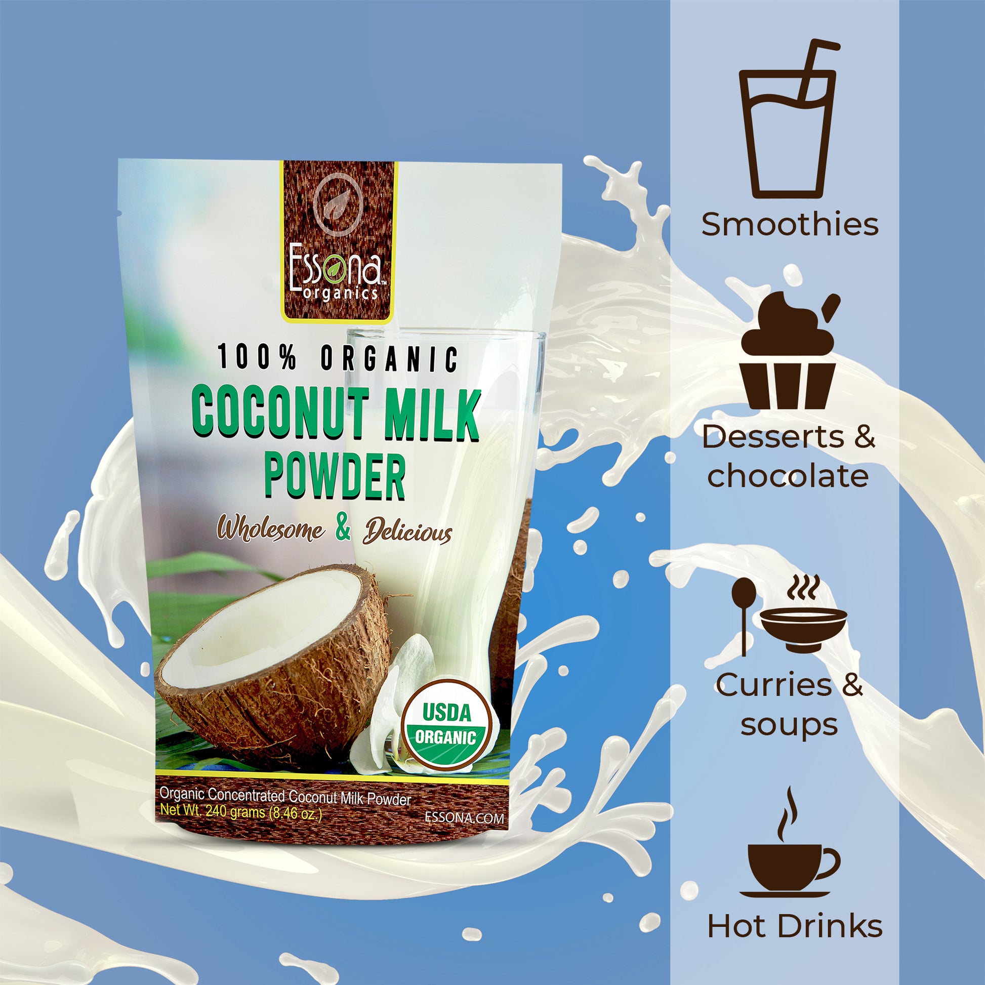 Organic Coconut Milk Powder - Pure, Raw, Vegan. Re-seal Pouch.