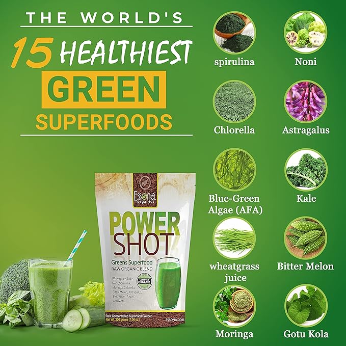 15 healthy green superfoods blend in Power Shot Greens Organic Superfood Powder