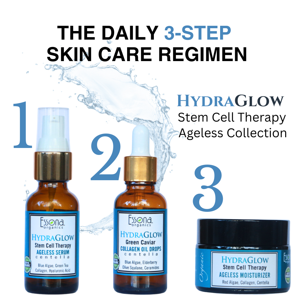HydraGlow Stem Cell Therapy Ageless 3-Step Collection - Oil Free Serum, Green Caviar Oil Drops, Moisturizer Cream.