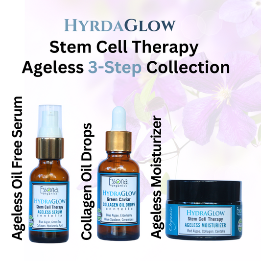 HydraGlow Stem Cell Therapy Ageless 3-Step Collection - Oil Free Serum, Green Caviar Oil Drops, Moisturizer Cream.