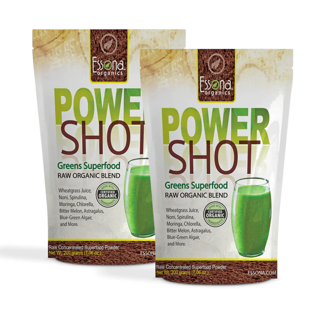 2 packages of Essona Organics Power Shot Greens Superfood, featuring a glass of green smoothie and a list of organic ingredients like spirulina, chlorella, wheatgrass, and more.