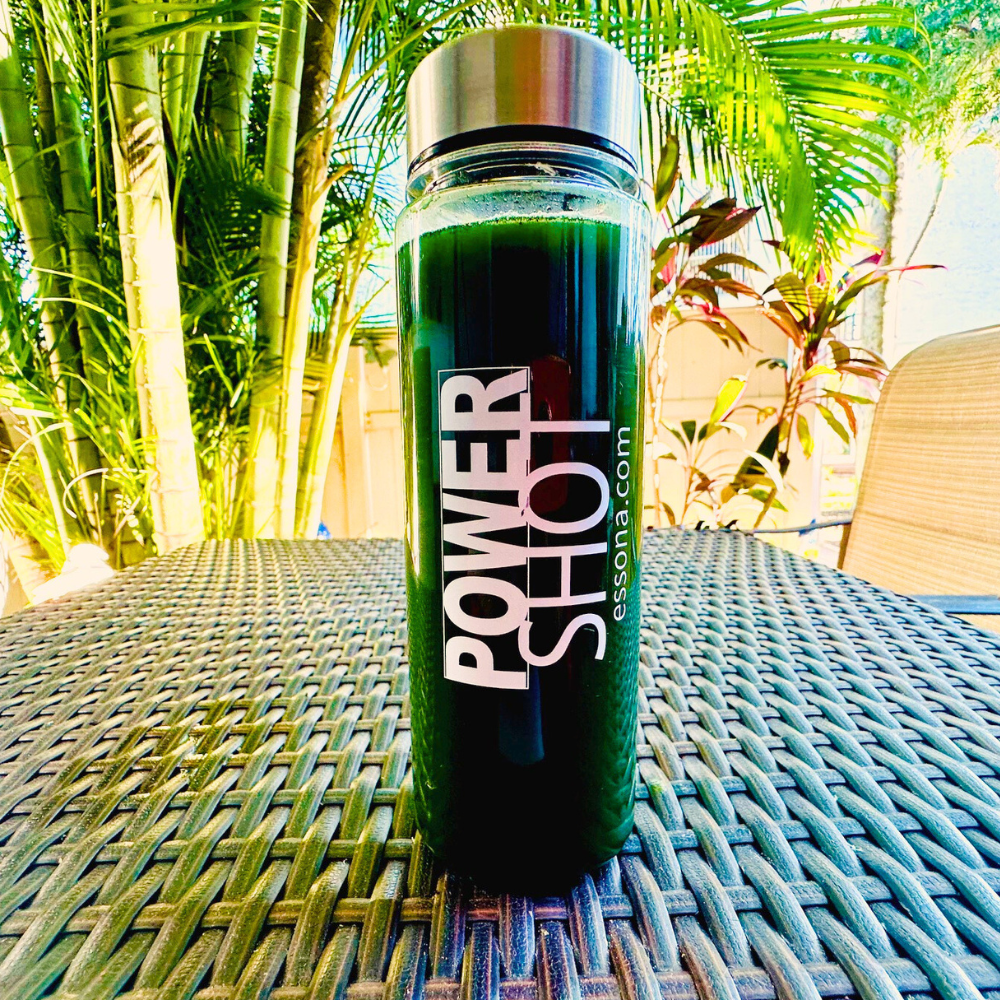 Power Shot Greens Superfood mixing bottle with logo.