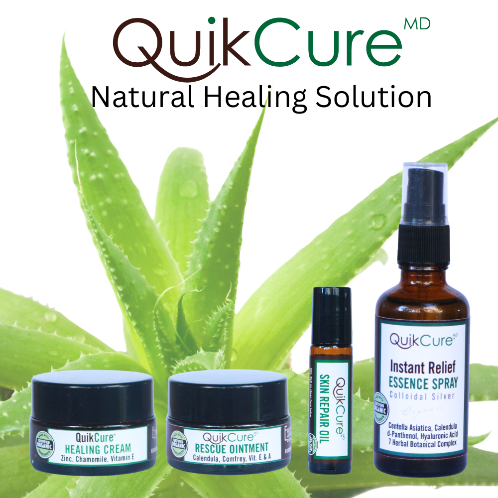 QuikCure Instant Relief Essence Spray with Colloidal Silver, Centella Asiatica, Calendula, Hyaluronic Acid, Herbal Botanical Complex.