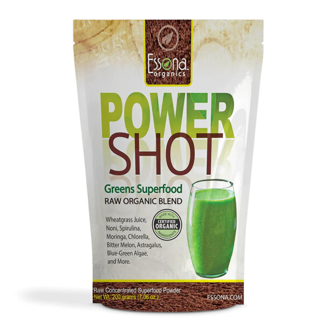 Essona Organics brand packaging with Power Shot Greens Superfood and logo