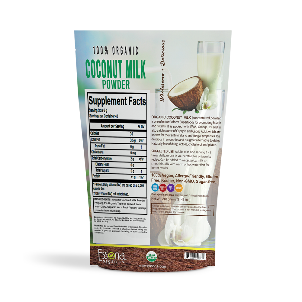  Organic Coconut Milk Powder - Pure, Raw, Vegan. Re-seal Pouch.