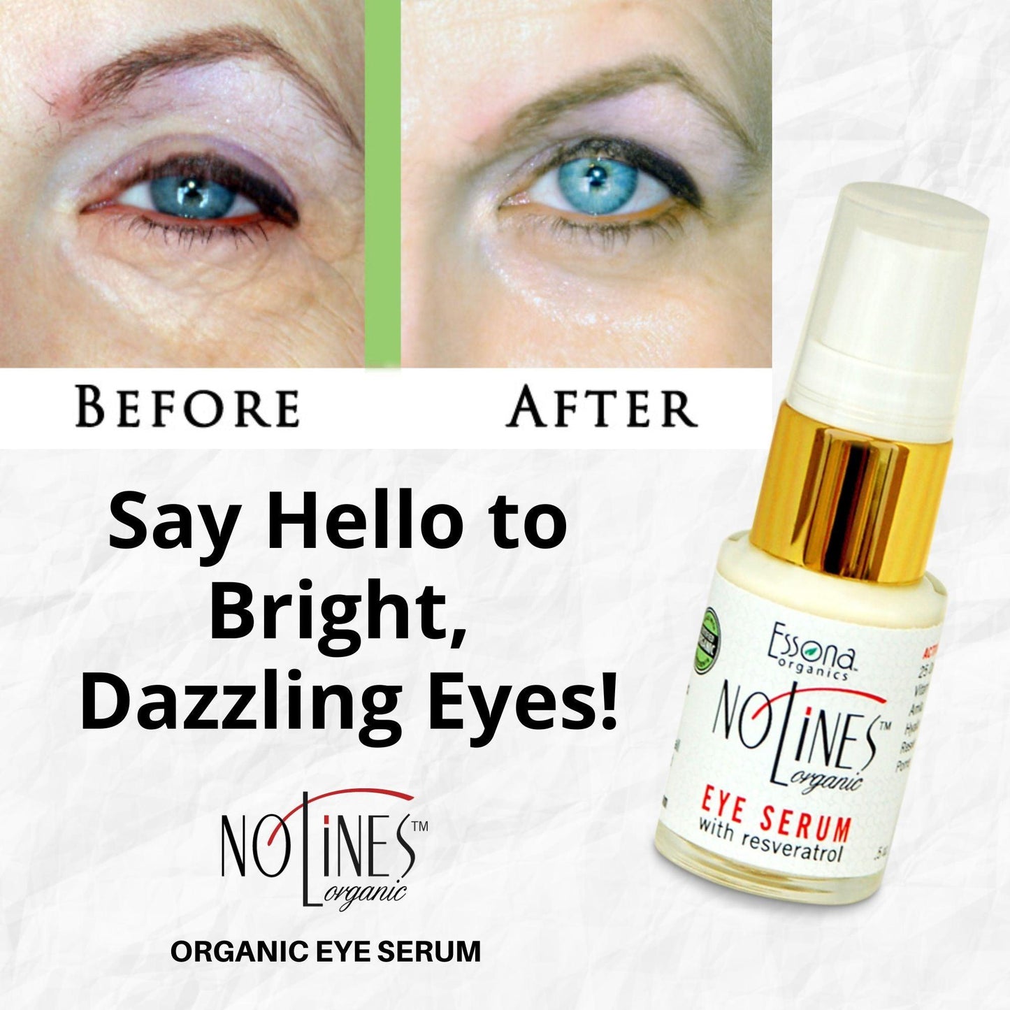 NoLines Organic Eye Serum with Resveratrol, Acmella, Beech Tree, Hyaluronic Acid. .5 oz. pump.