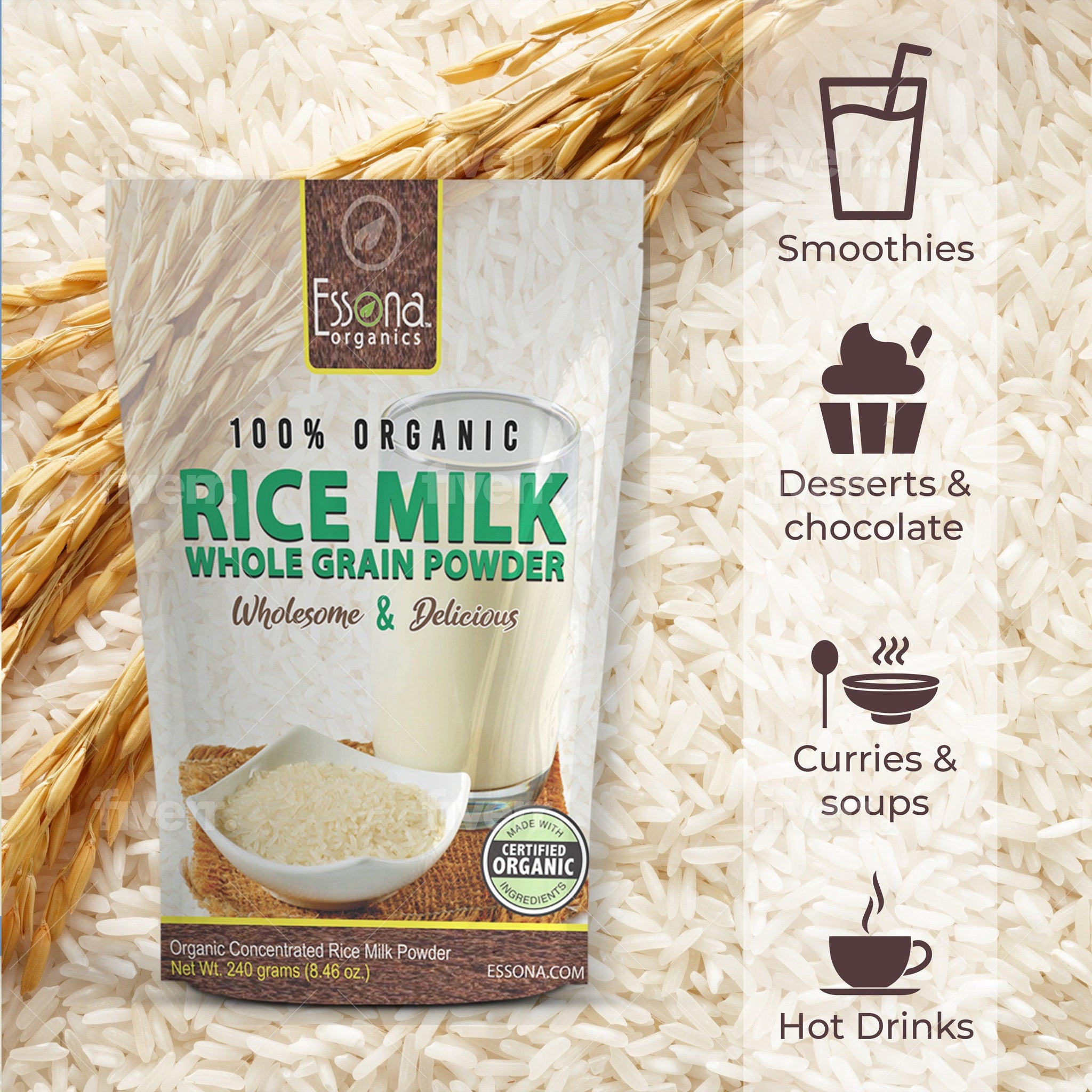 Organic Rice Milk Powder 100 Pure. Reseal Pouch Essona Organics